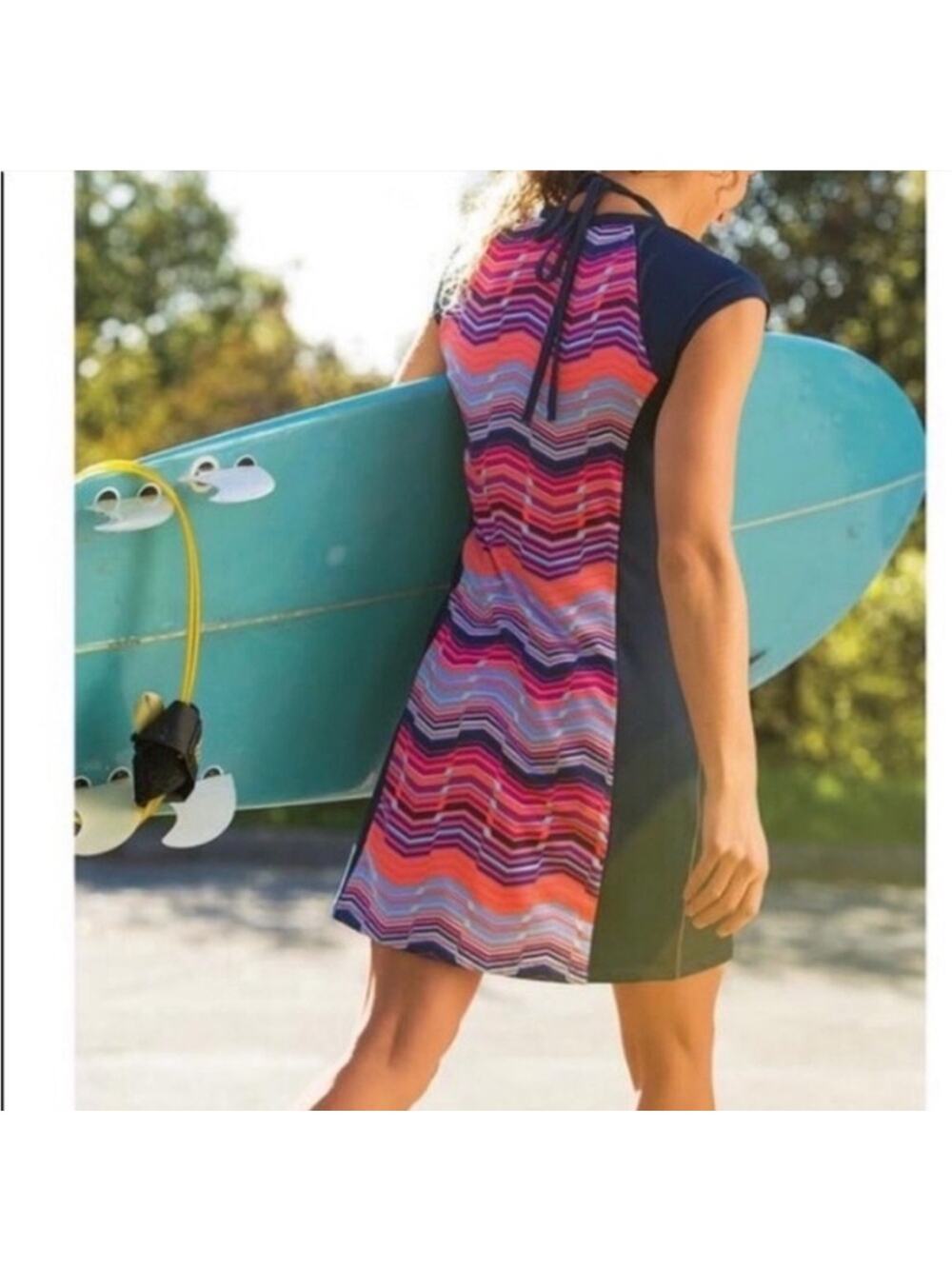 Title Nine womens large dress Gidget 2.0 stripe athletic swim cover blue pink ch